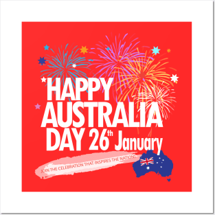 Happy Australia Day 26th January inscription poster with Australian Flag, Australia Map, stars and fireworks. Funny Australia, Patriotic National Holiday Festive Poster for gifts and clothing design. Festival Event decoration. Posters and Art